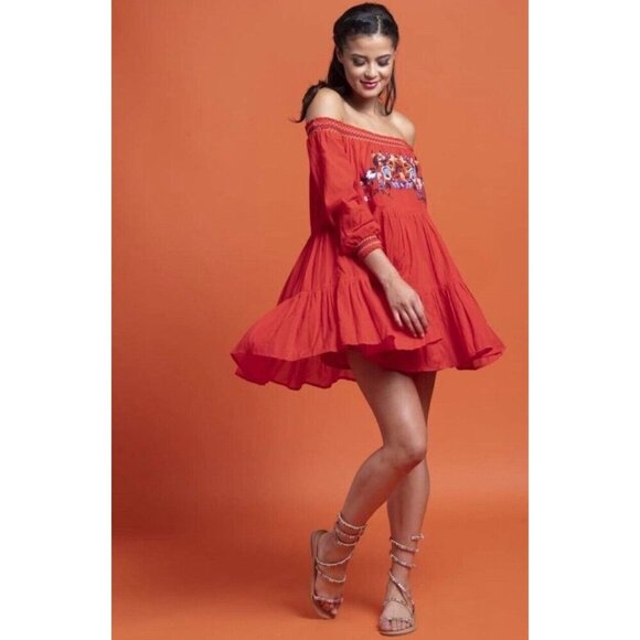 NEW! Free People Sunbeams Off the ShoulderDress Embroidered Boho Red SZ M - Picture 12 of 16